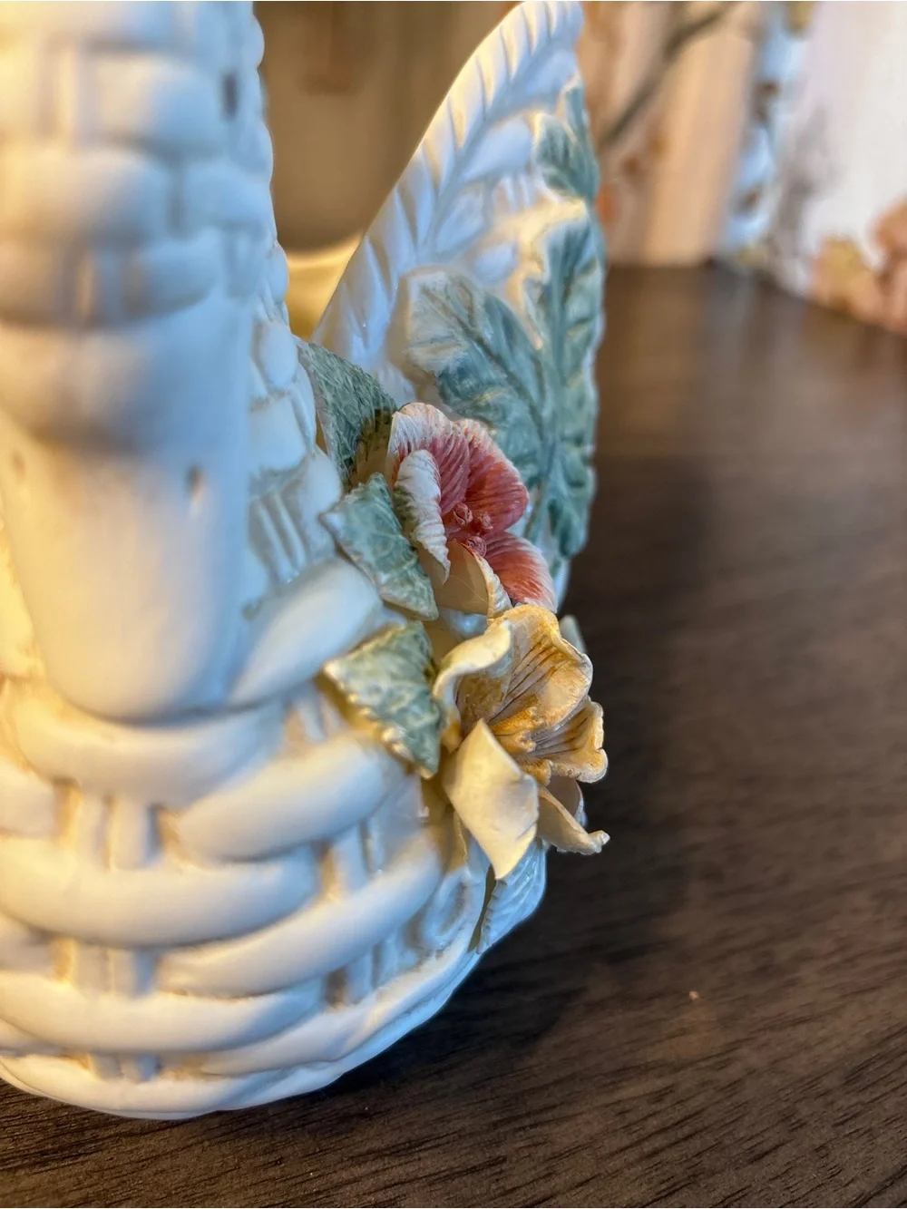 Vintage White Swan Planter with Hand-Painted Floral Accents Cottagecore